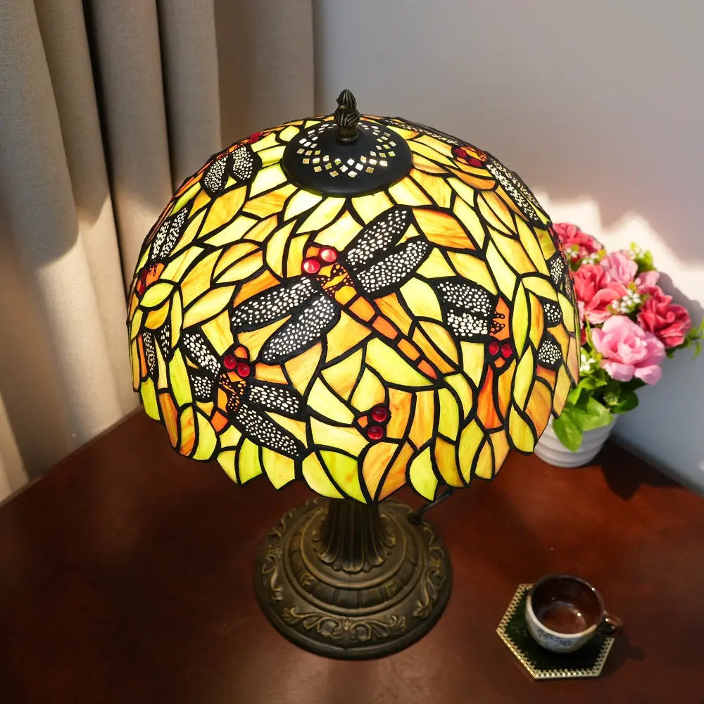 12inch Tiffany Antique Dragonfly Stained Glass Lamp Yellow Lampshade Vintage Desk Light - CTL