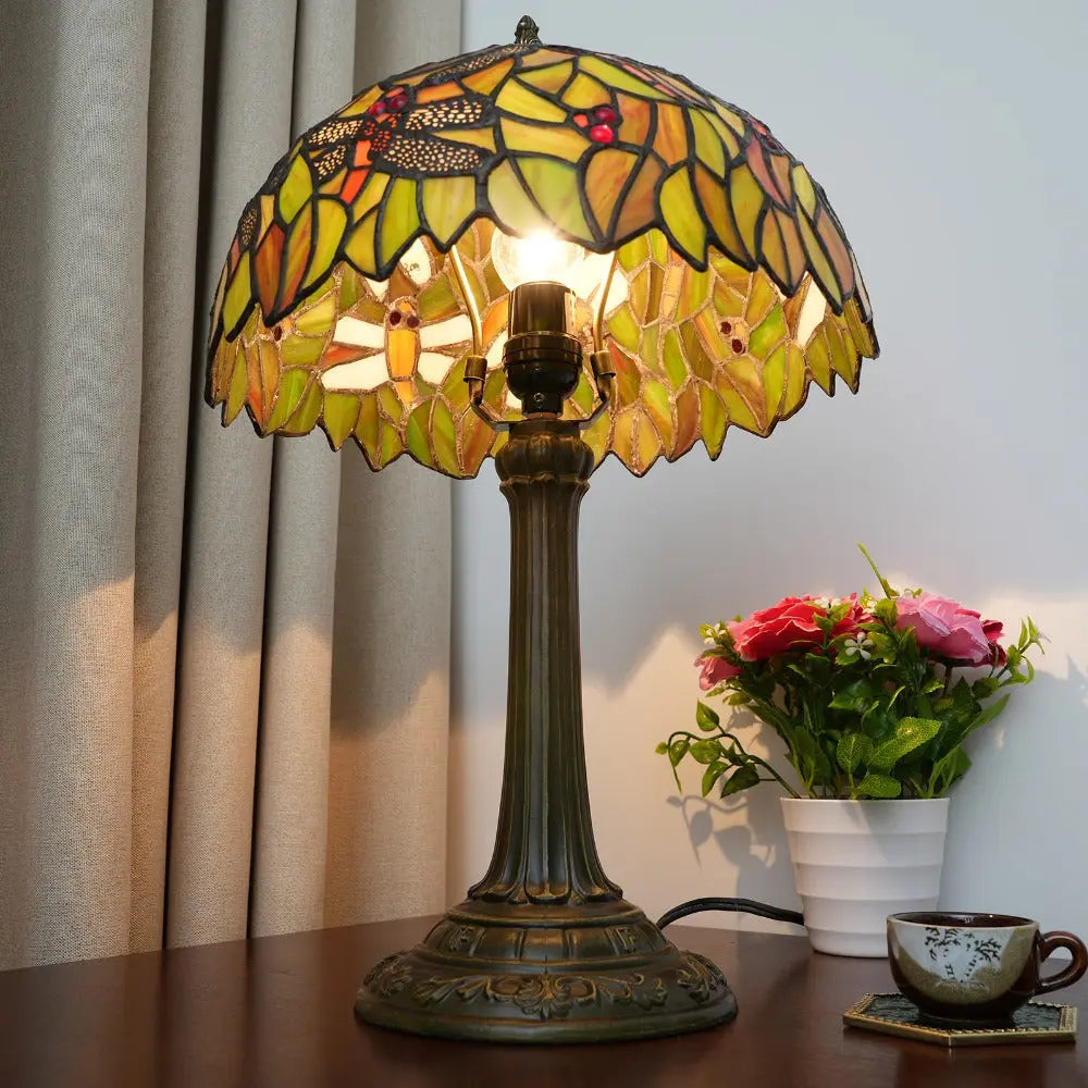 12inch Tiffany Antique Dragonfly Stained Glass Lamp Yellow Lampshade Vintage Desk Light - CTL