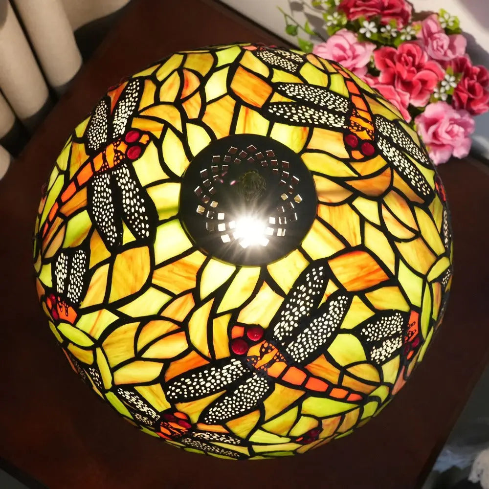 12inch Tiffany Antique Dragonfly Stained Glass Lamp Yellow Lampshade Vintage Desk Light - CTL