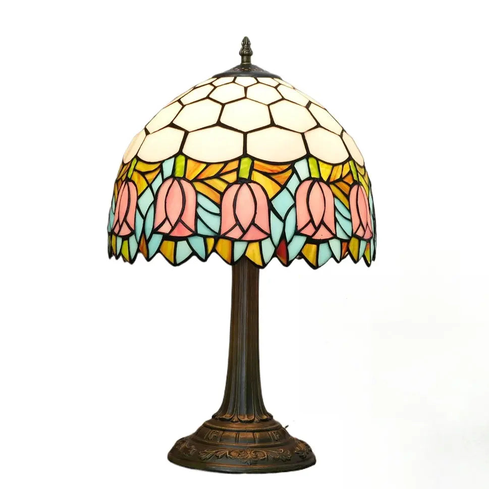 12inch Tiffany Tulip Lamp Stained Glass Pink Lampshade Vintage Table Lamps - CTL