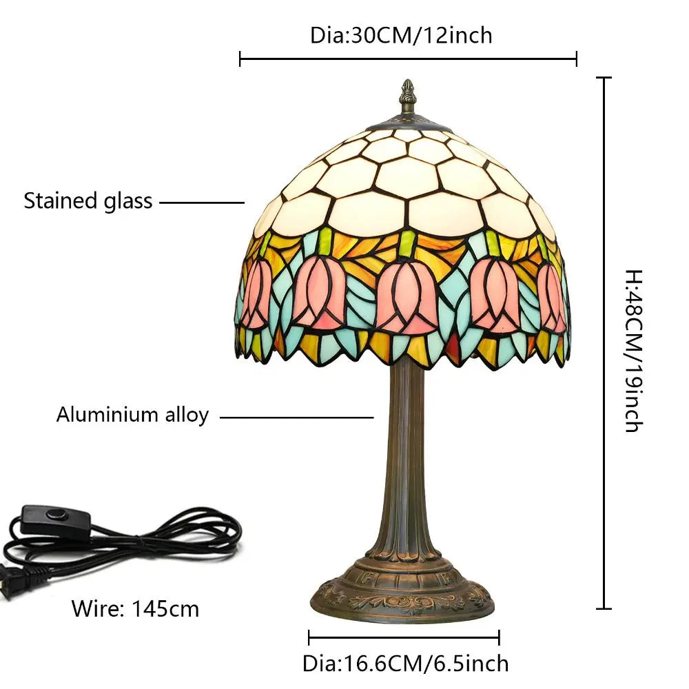12inch Tiffany Tulip Lamp Stained Glass Pink Lampshade Vintage Table Lamps - CTL