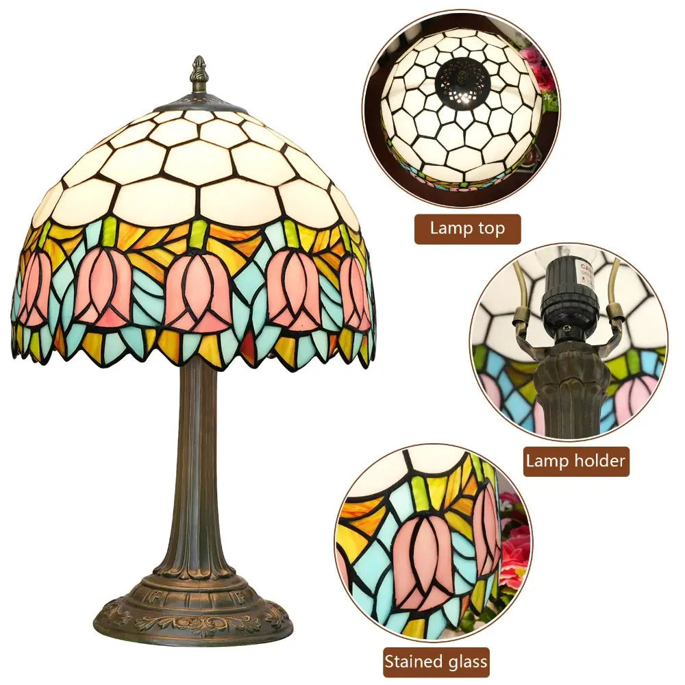 12inch Tiffany Tulip Lamp Stained Glass Pink Lampshade Vintage Table Lamps - CTL