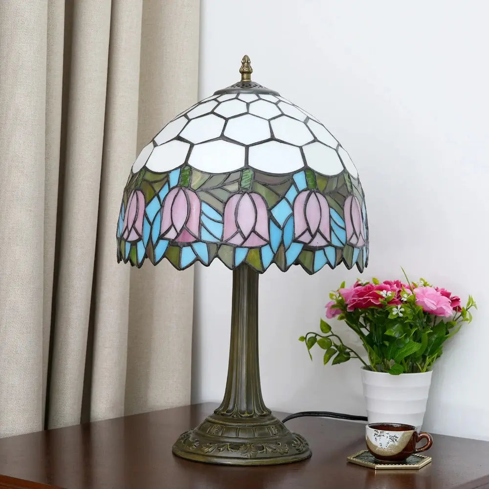 12inch Tiffany Tulip Lamp Stained Glass Pink Lampshade Vintage Table Lamps - CTL