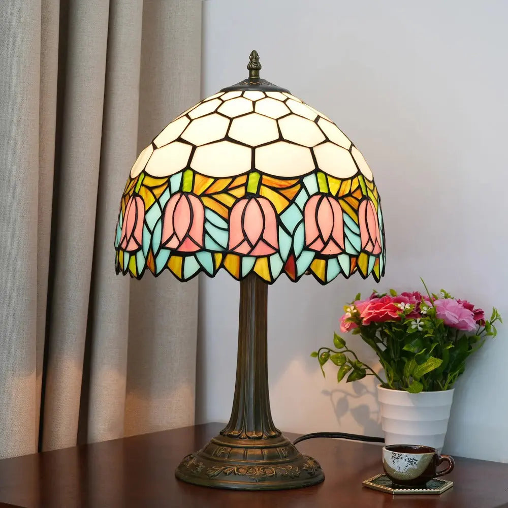 12inch Tiffany Tulip Lamp Stained Glass Pink Lampshade Vintage Table Lamps - CTL