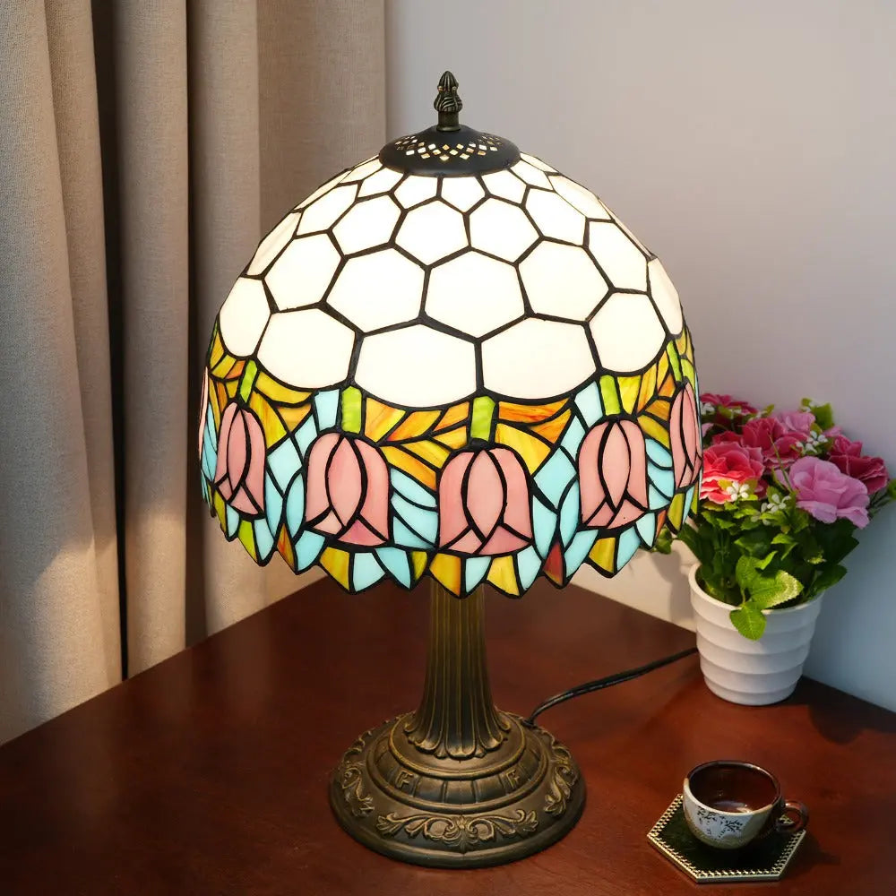 12inch Tiffany Tulip Lamp Stained Glass Pink Lampshade Vintage Table Lamps - CTL