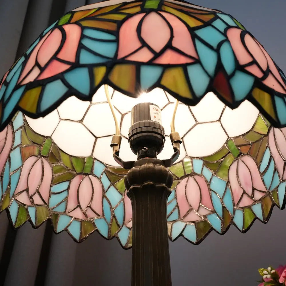 12inch Tiffany Tulip Lamp Stained Glass Pink Lampshade Vintage Table Lamps - CTL