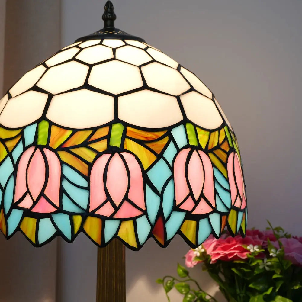 12inch Tiffany Tulip Lamp Stained Glass Pink Lampshade Vintage Table Lamps - CTL