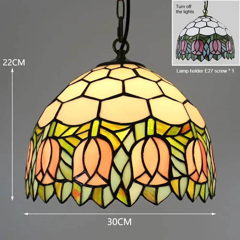 12inch Vintage Tiffany Lamp Pink Rose Lampshade Stained Glass Pendant Light - CTL