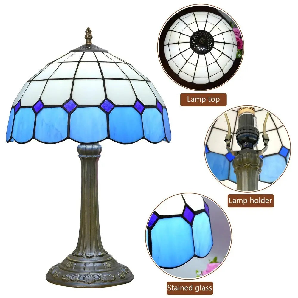 12inch Vintage Tiffany Stained Glass Blue Plaid Lampshade Bedroom Bedside Light - CTL