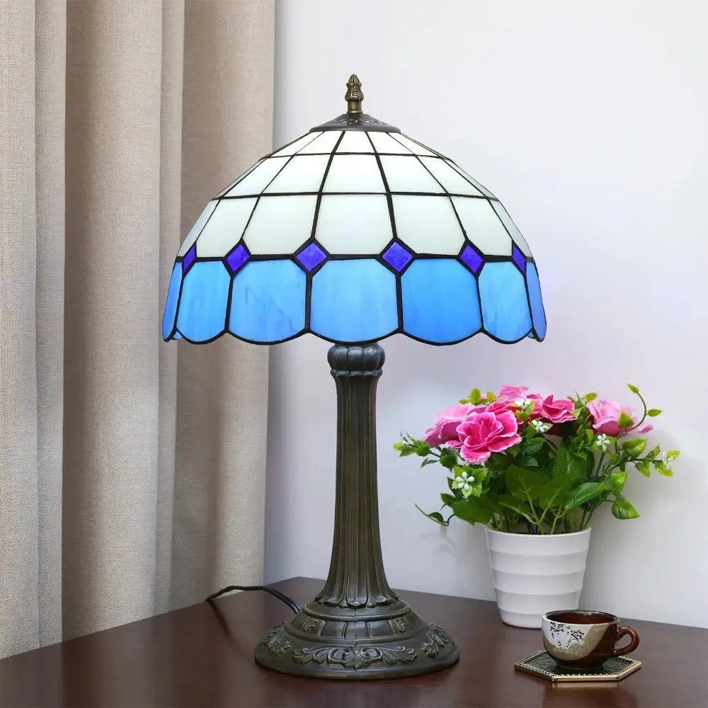 12inch Vintage Tiffany Stained Glass Blue Plaid Lampshade Bedroom Bedside Light - CTL