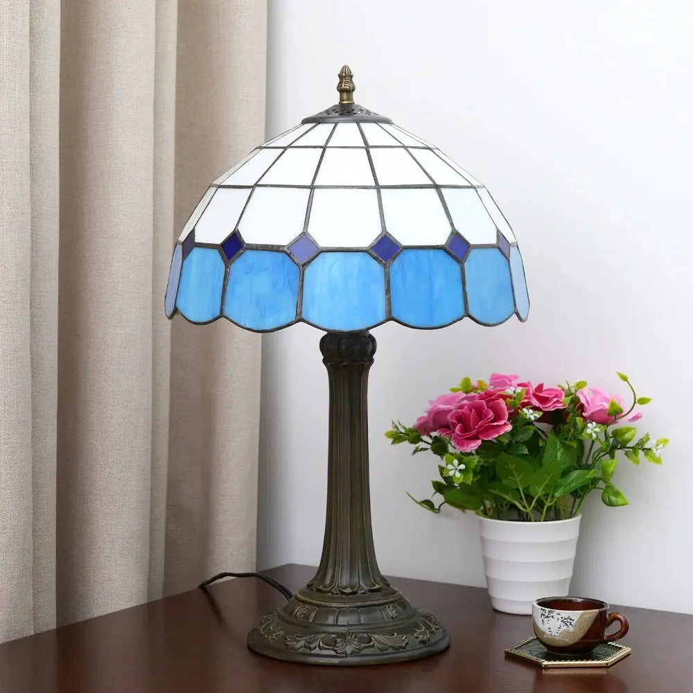 12inch Vintage Tiffany Stained Glass Blue Plaid Lampshade Bedroom Bedside Light - CTL