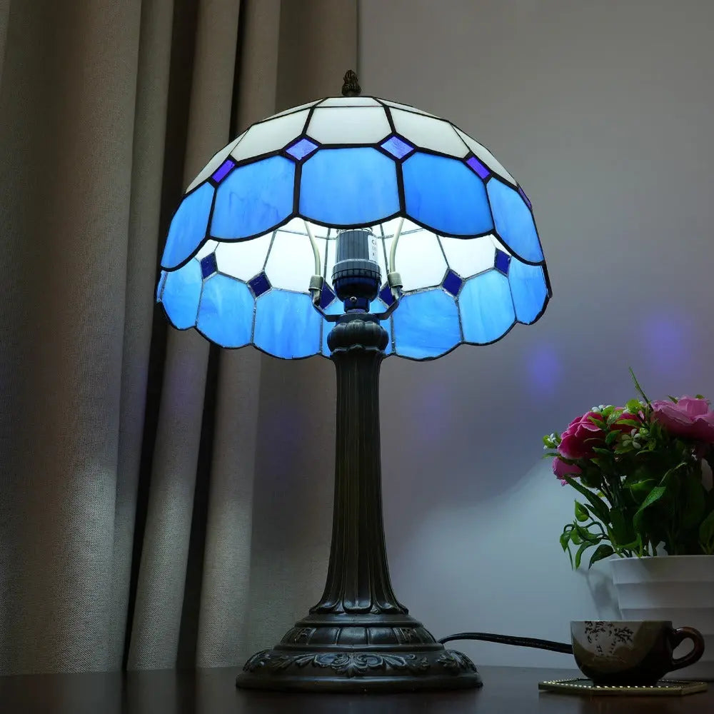 12inch Vintage Tiffany Stained Glass Blue Plaid Lampshade Bedroom Bedside Light - CTL
