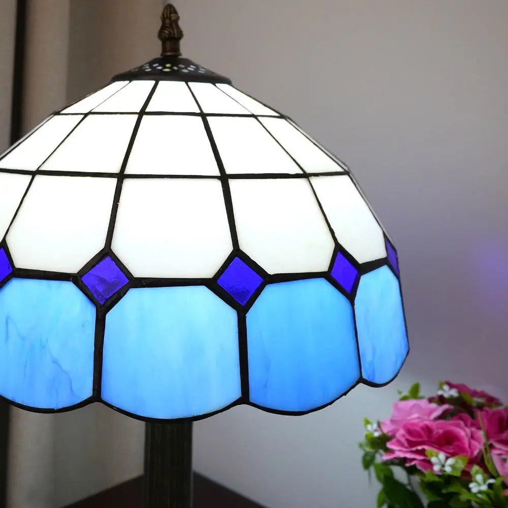12inch Vintage Tiffany Stained Glass Blue Plaid Lampshade Bedroom Bedside Light - CTL