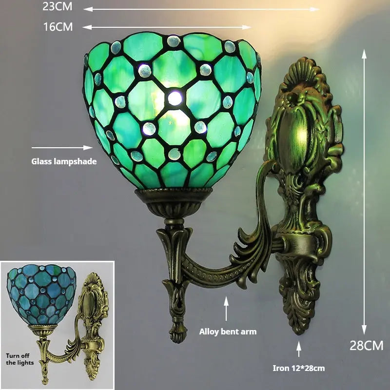 16cm Green Tiffany Lamp Stained Glass Beads Lampshade Antique Wall Sconce - CTL