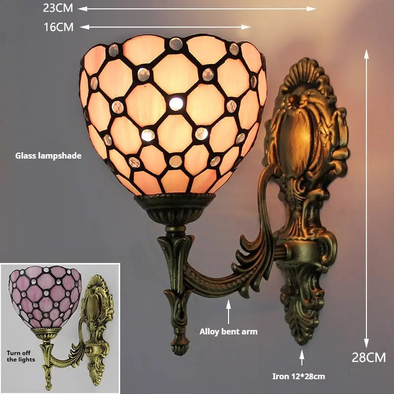 16cm Tiffany Stained Glass Beads Pink Lampshade Vintage Wall Sconce Light - CTL