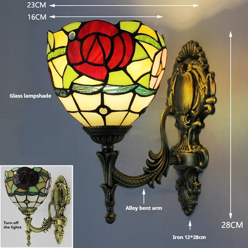 16cm Tiffany Stained Glass Rose Flower Lampshade Wall Sconces for Bedroom - CTL