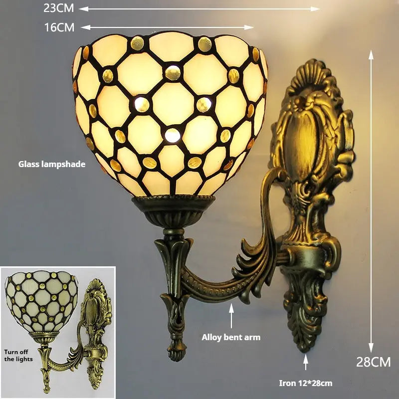 16cm Tiffany Vintage Sconces Stained Glass Beads Beige Lampshade Wall Lamp - CTL