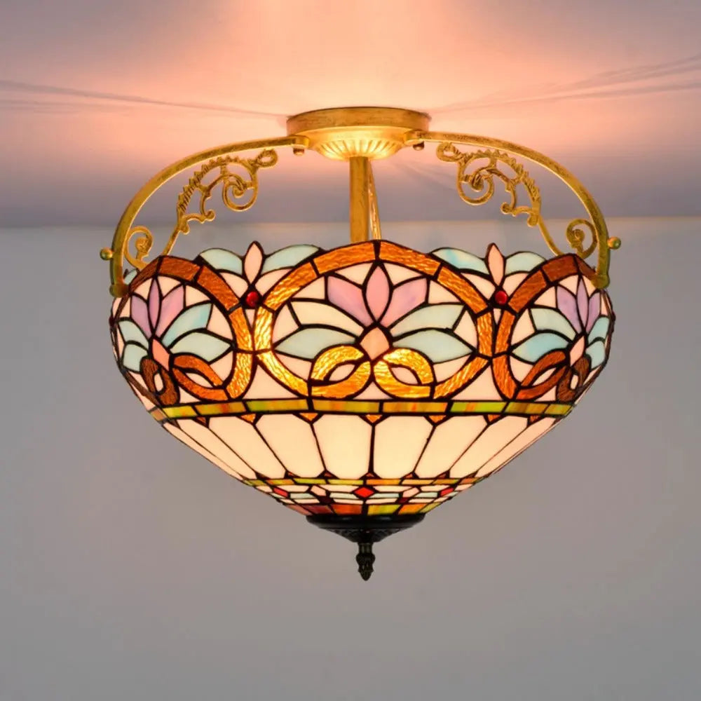 16inch Large Stained Glass Blue Lampshade Vintage Tiffany Ceiling Light - CTL