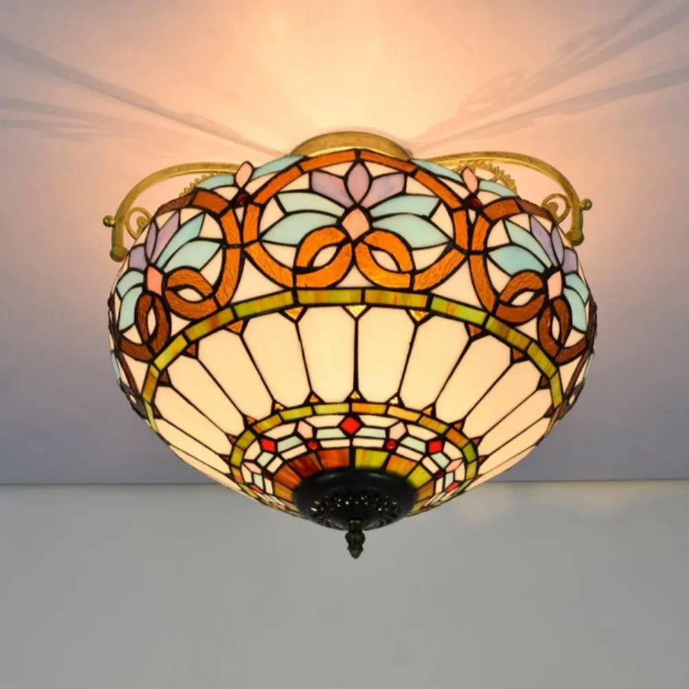 16inch Large Stained Glass Blue Lampshade Vintage Tiffany Ceiling Light - CTL