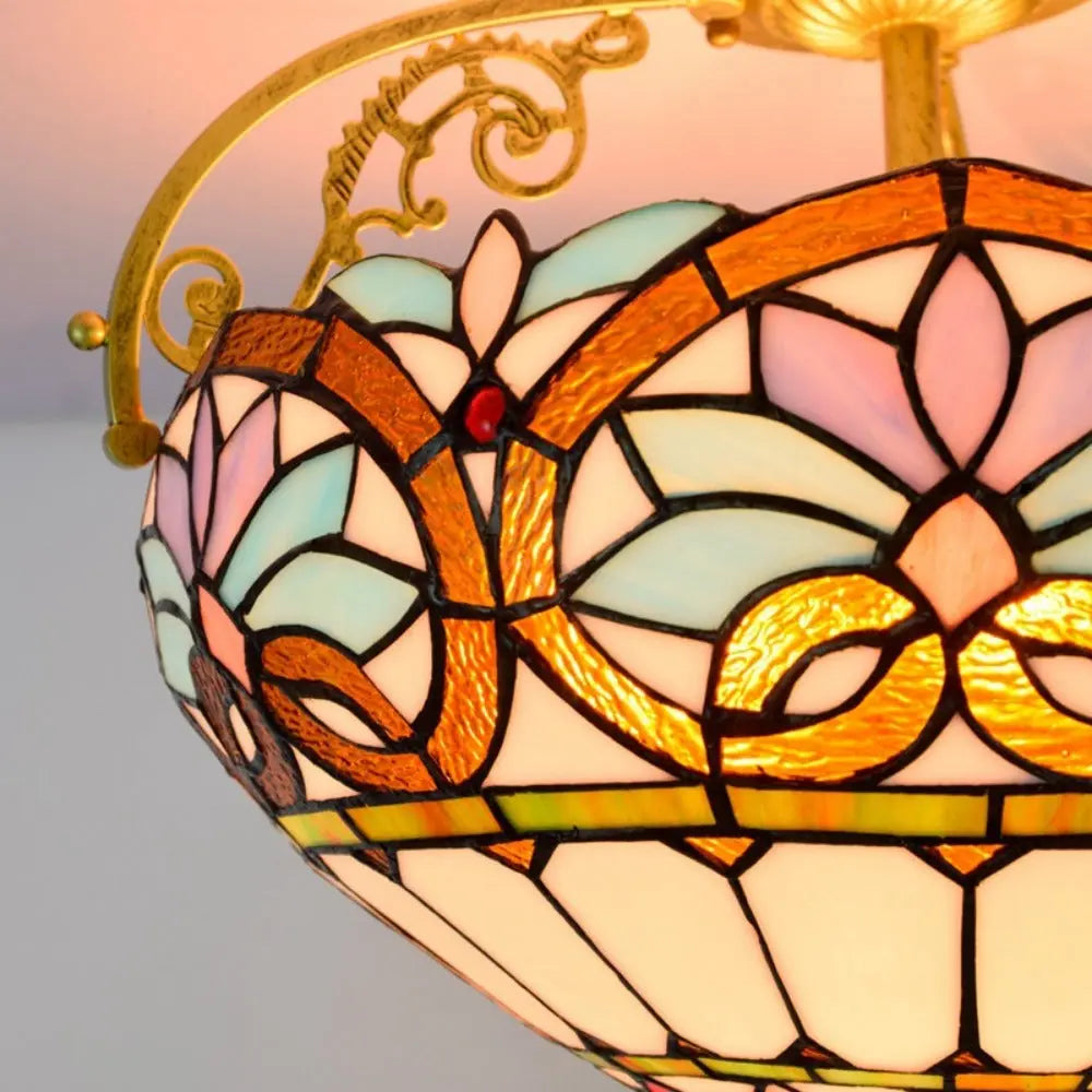 16inch Large Stained Glass Blue Lampshade Vintage Tiffany Ceiling Light - CTL