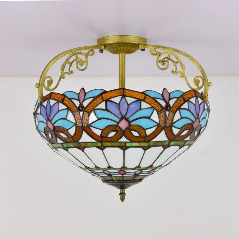 16inch Large Stained Glass Blue Lampshade Vintage Tiffany Ceiling Light - CTL