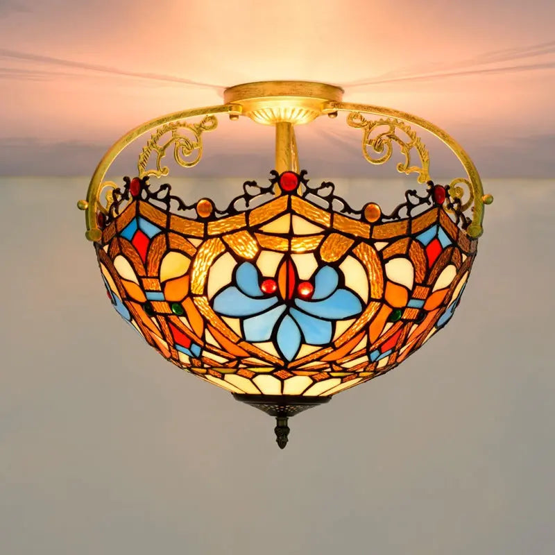16inch Large Stained Glass Beads Flower Lampshade Vintage Tiffany Ceiling Light - CTL
