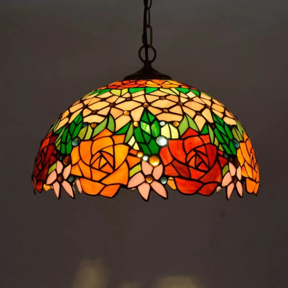 16inch Vintage Stained Glass Rose Lampshade Tiffany Style Pendant Light - CTL