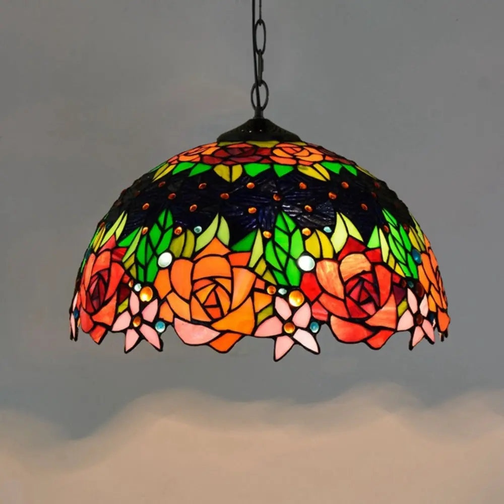 16inch Vintage Stained Glass Rose Flower Tiffany Style Pendant Light - CTL