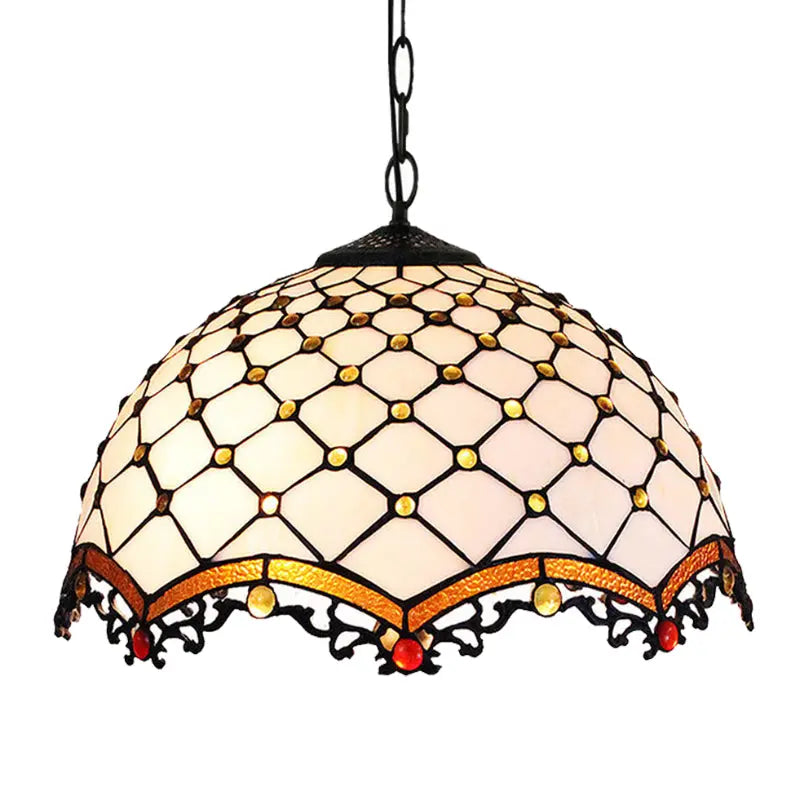 16inch 40cm Luxury Vintage Stained Glass White Beads Lampshade Tiffany Pendant Light - CTL