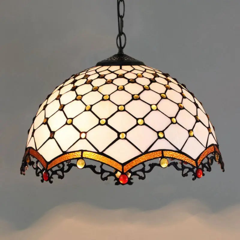 16inch 40cm Luxury Vintage Stained Glass White Beads Lampshade Tiffany Pendant Light - CTL