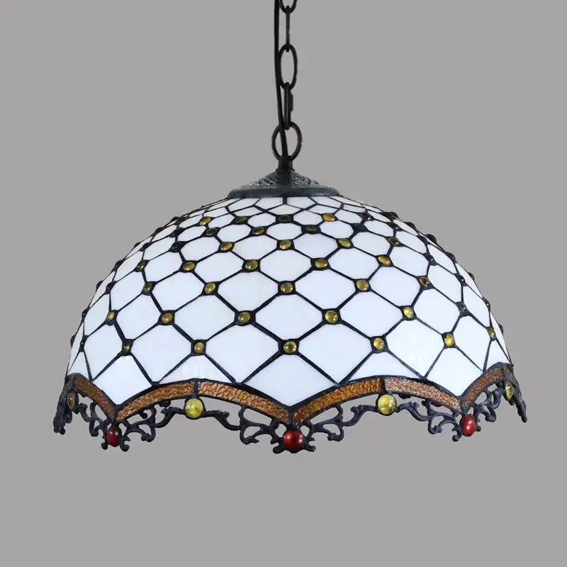 16inch 40cm Luxury Vintage Stained Glass White Beads Lampshade Tiffany Pendant Light - CTL