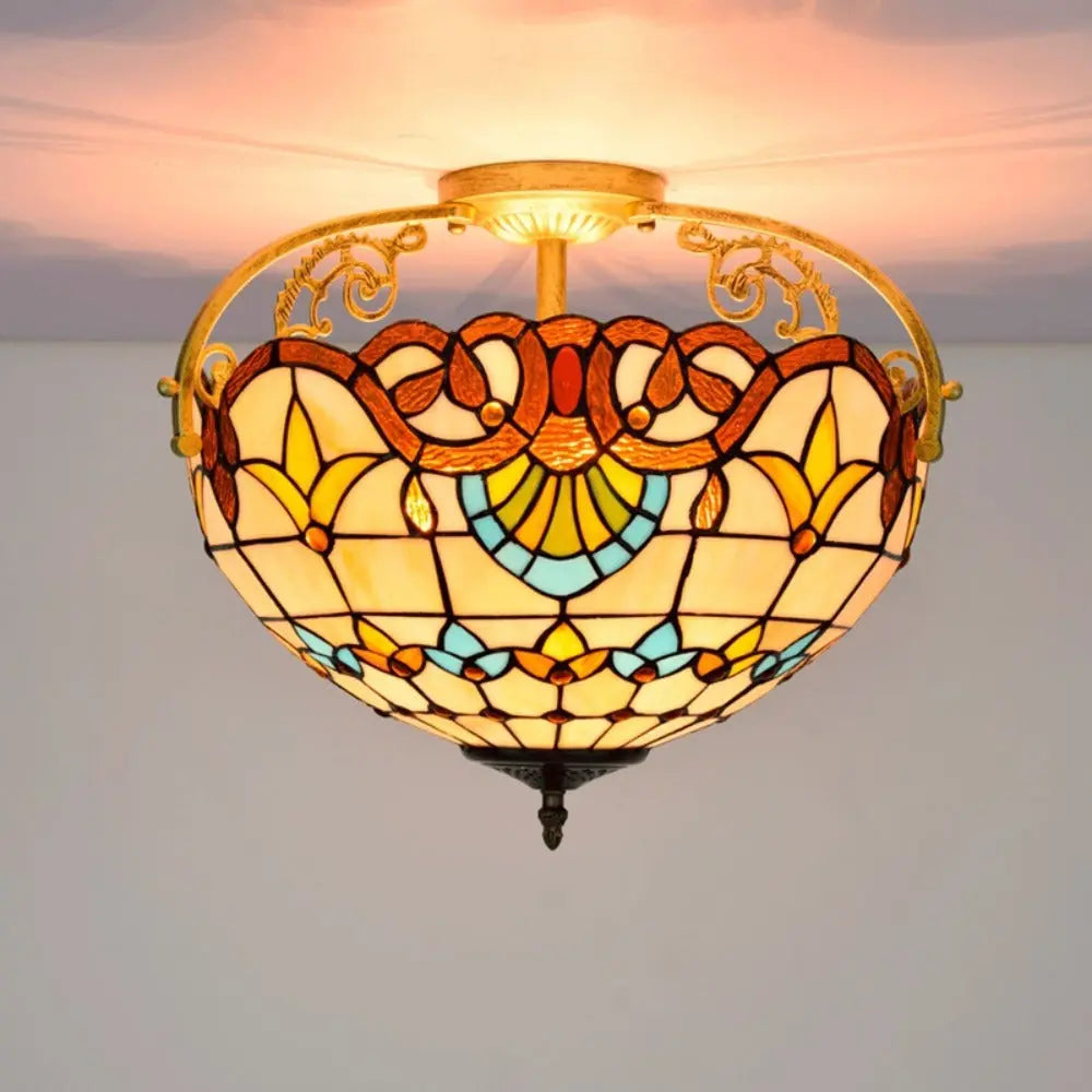 16inch Stained Glass Baroque Flower Lampshade Tiffany Ceiling Light - CTL