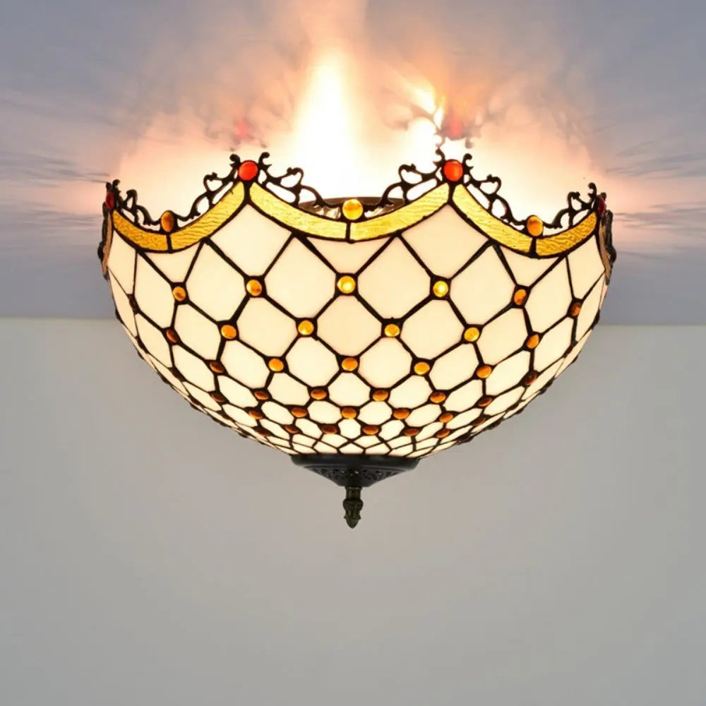 16inch Stained Glass Beige Beads Lampshade Tiffany Style Ceiling Light - CTL