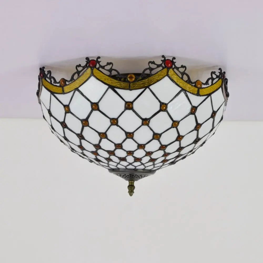 16inch Stained Glass Beige Beads Lampshade Tiffany Style Ceiling Light - CTL