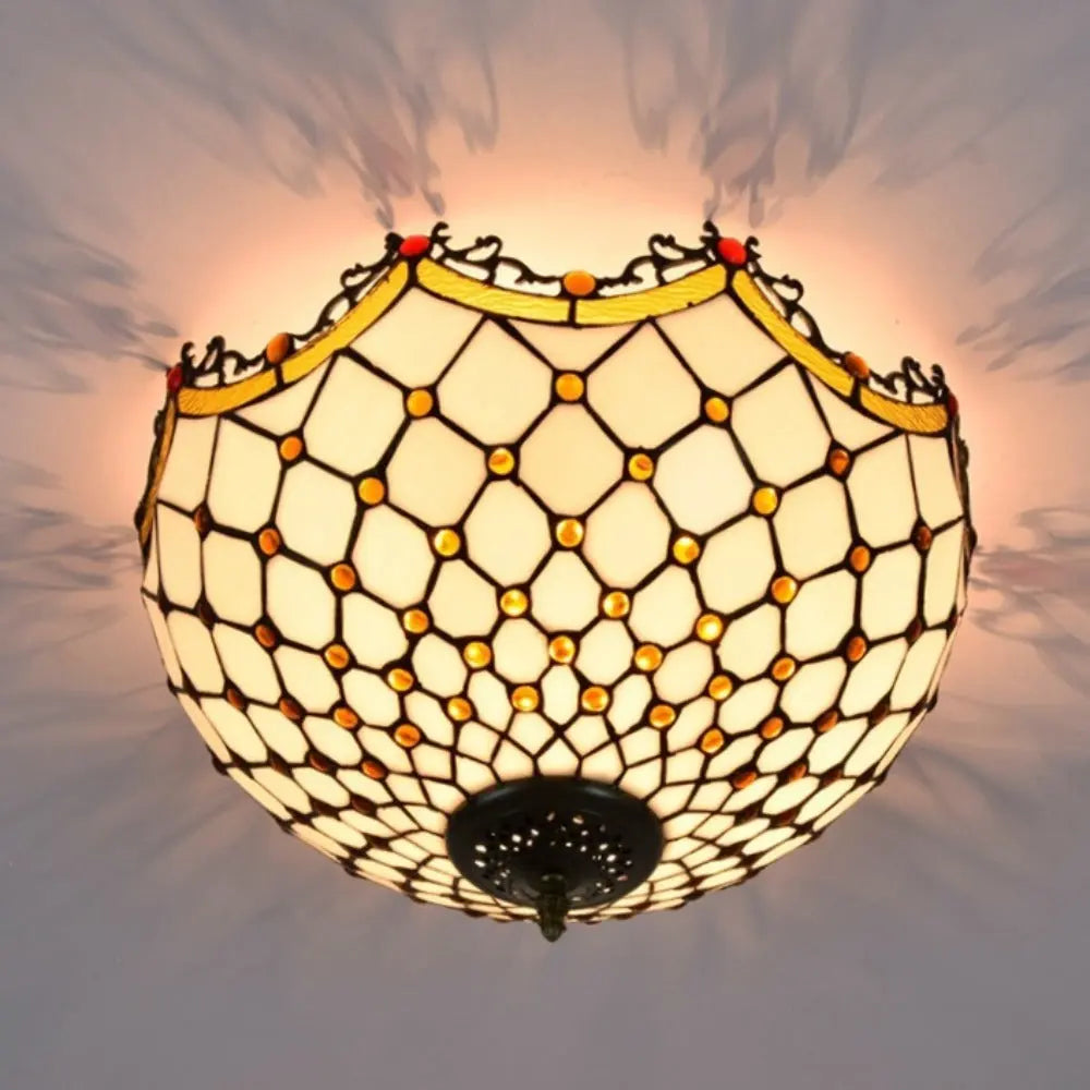 16inch Stained Glass Beige Beads Lampshade Tiffany Style Ceiling Light - CTL