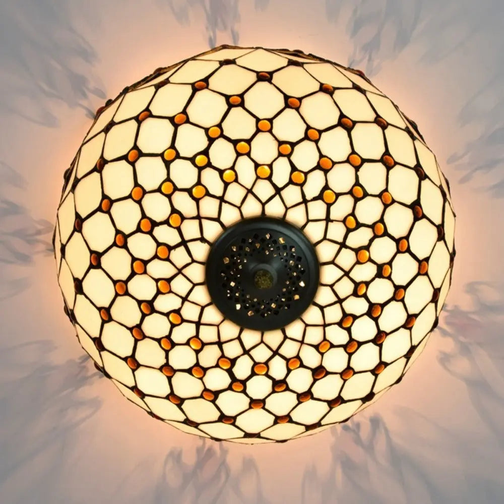 16inch Stained Glass Beige Beads Lampshade Tiffany Style Ceiling Light - CTL