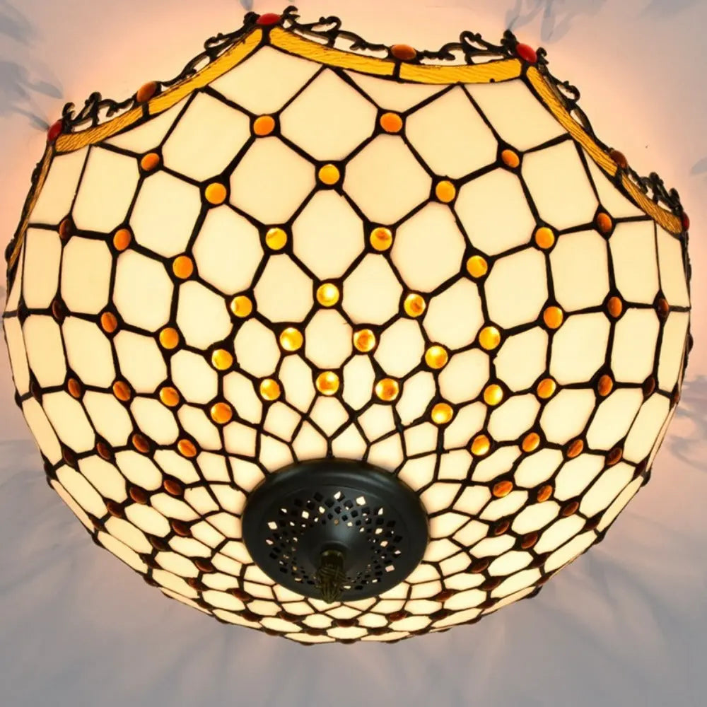 16inch Stained Glass Beige Beads Lampshade Tiffany Style Ceiling Light - CTL