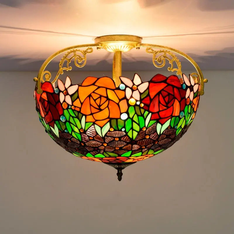 16inch Stained Glass Rose Lampshade Tiffany Ceiling Light - CTL