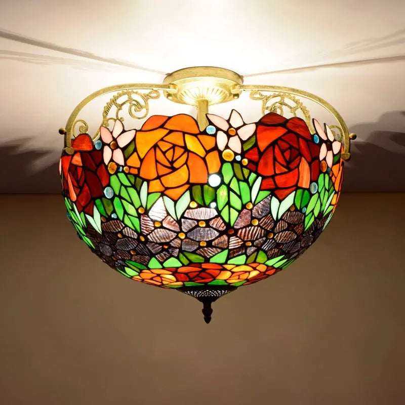 16inch Stained Glass Rose Lampshade Tiffany Ceiling Light - CTL