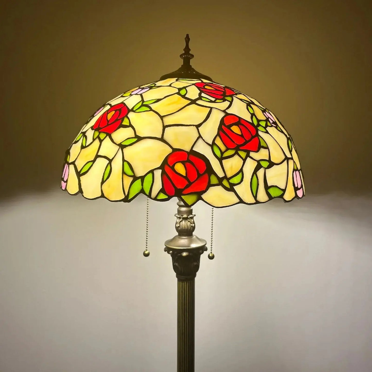 16inch 40cm Stained Glass Leaf Dragonfly Rose Lampshade Vintage Tiffany Floor Lamp - CTL
