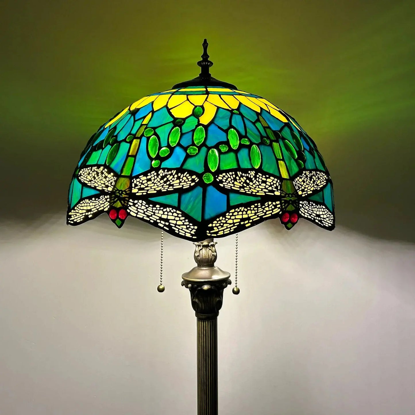 16inch 40cm Stained Glass Leaf Dragonfly Rose Lampshade Vintage Tiffany Floor Lamp - CTL
