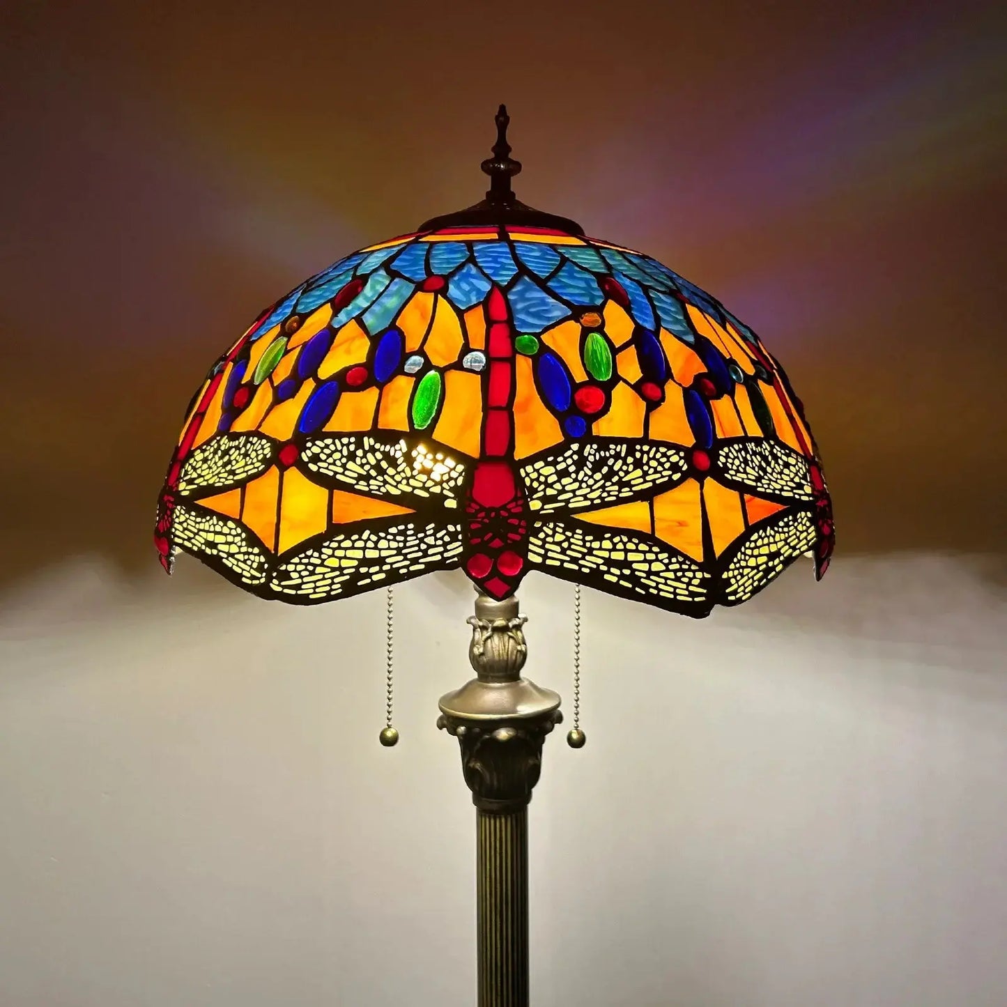 16inch 40cm Stained Glass Leaf Dragonfly Rose Lampshade Vintage Tiffany Floor Lamp - CTL