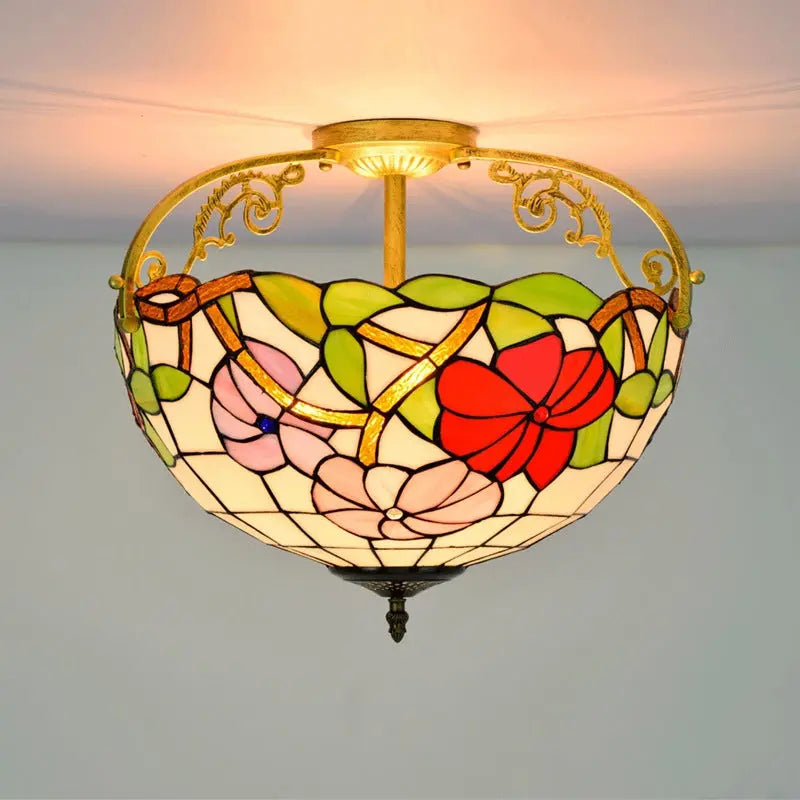 16inch Stained Glass Morning Glory Flower Vintage Tiffany Ceiling Light - CTL