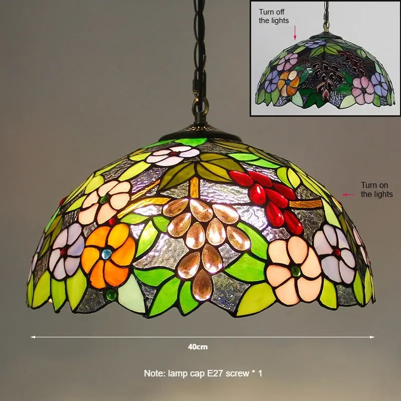 16inch Stained Glass Grapes Floral Lampshade Vintage Tiffany Pendant Chandelier - CTL
