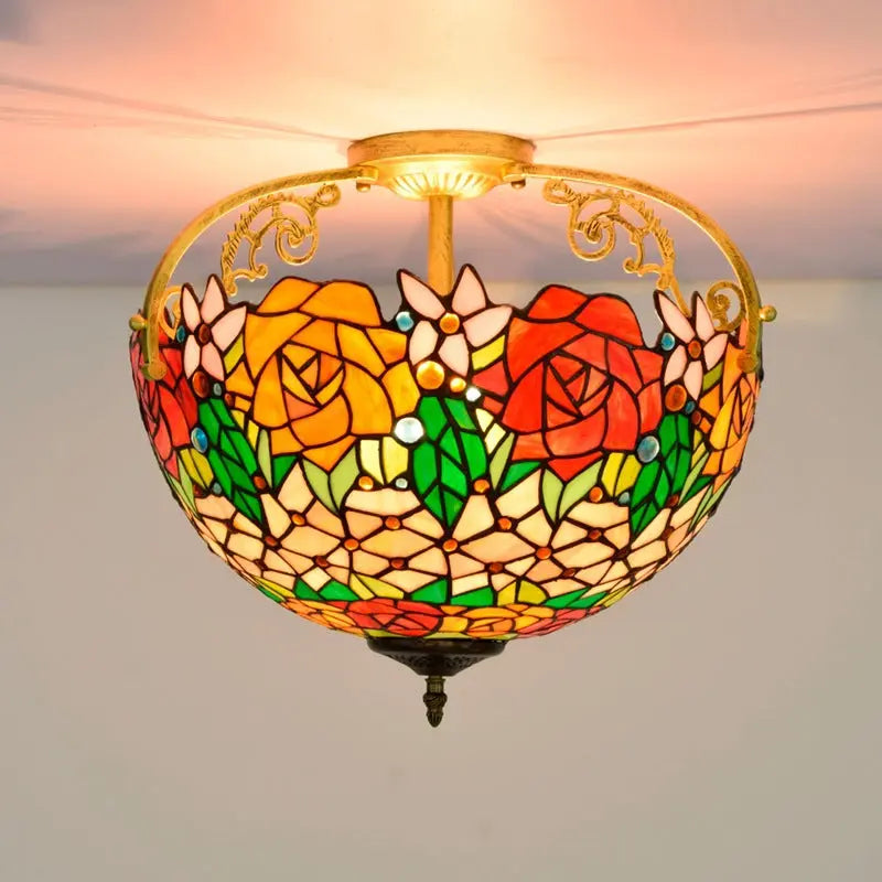 16inch Stained Glass Retro Rose Lampshade Tiffany Ceiling Light - CTL