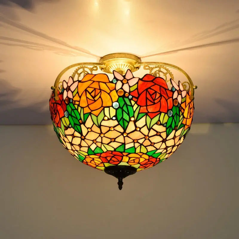16inch Stained Glass Retro Rose Lampshade Tiffany Ceiling Light - CTL