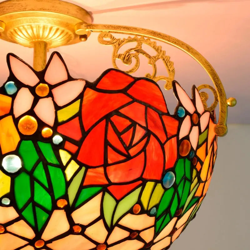 16inch Stained Glass Retro Rose Lampshade Tiffany Ceiling Light - CTL