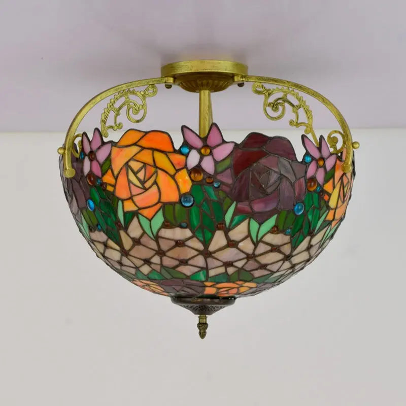 16inch Stained Glass Retro Rose Lampshade Tiffany Ceiling Light - CTL