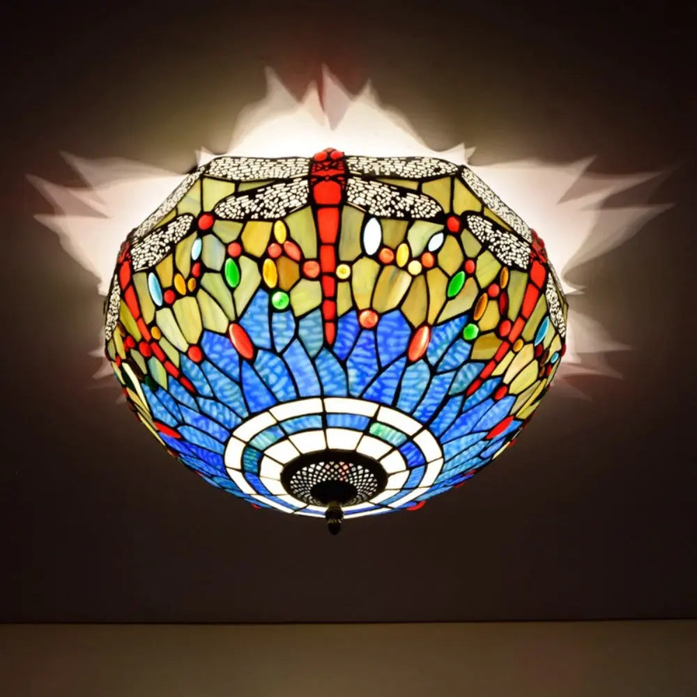 16inch Stained Glass Blue Dragonfly Lampshade Tiffany Style Ceiling Light - CTL