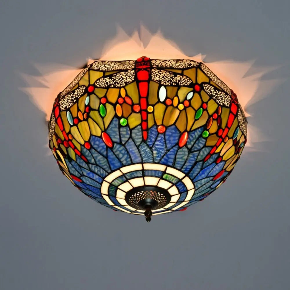 16inch Stained Glass Blue Dragonfly Lampshade Tiffany Style Ceiling Light - CTL